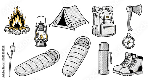 Vector illustration of camping gear and outdoor adventure essentials hand drawn
