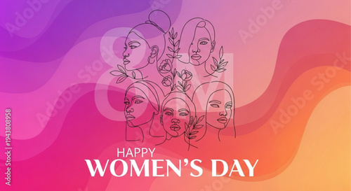 Happy women's day celebration with diverse group of women faces on colorful background