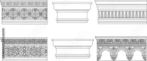 Classical architectural cornice and frieze ornament set with decorative moldings, vintage baroque line art elements for heritage design projects