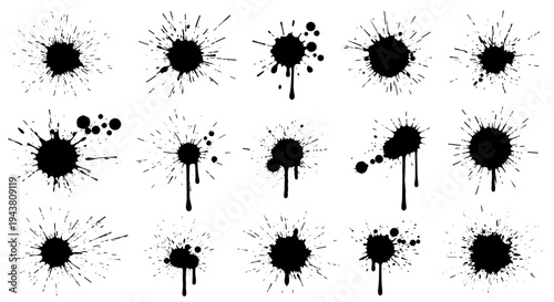 Collection of diverse black ink splatters and drips abstract artistic elements