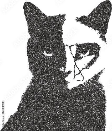 Cat retro y2k stipple design feline halftone brutalist urban vector png with clear background, kitten 2000s photocopy grunge tattoo gen z effect