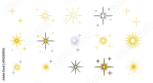 Collection of assorted sparkling starbursts and glitters isolated on white