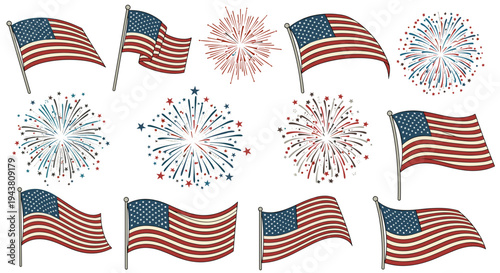 American flags waving and fireworks bursting against white background patriotic