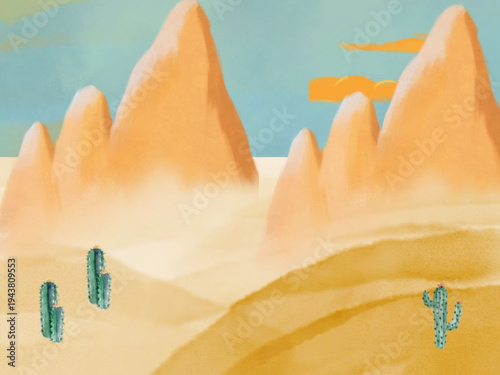 水彩画風の砂漠　サボテンと黄金の丘