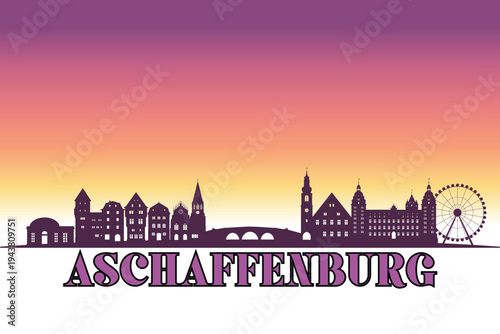 Global city Aschaffenburg shown in a detailed vector skyline with a twilight sky