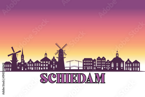 Global city Schiedam shown in a detailed vector skyline with a twilight sky