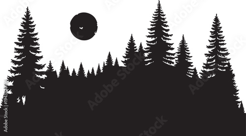 Silhouette of pine trees at night with full moon forest