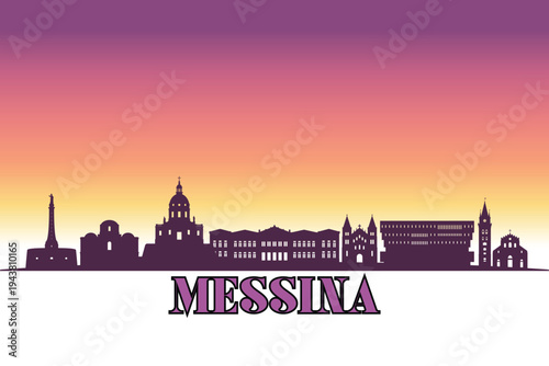 Global city Messina shown in a detailed vector skyline with a twilight sky
