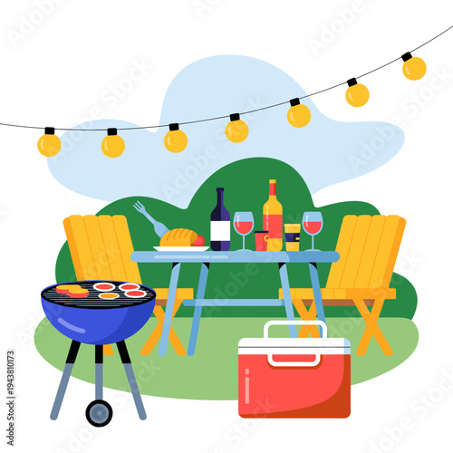 A colorful illustration of a backyard barbecue with wine and cooler