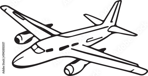 A detailed black and white illustration of a commercial airliner in flight.