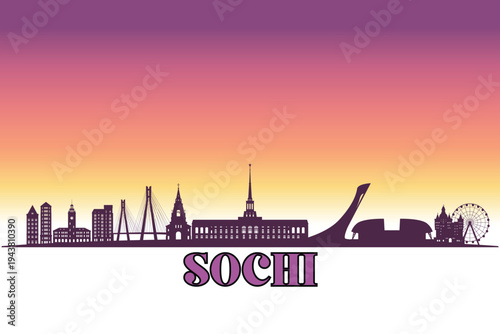 Global city Sochi shown in a detailed vector skyline with a twilight sky