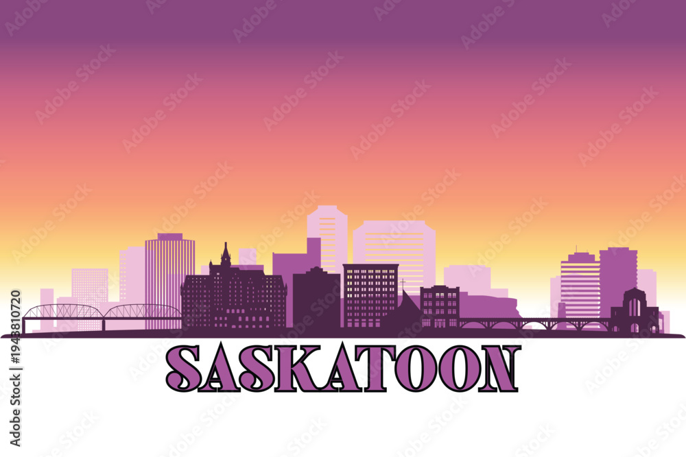 Fototapeta premium Global city Saskatoon shown in a detailed vector skyline with a twilight sky
