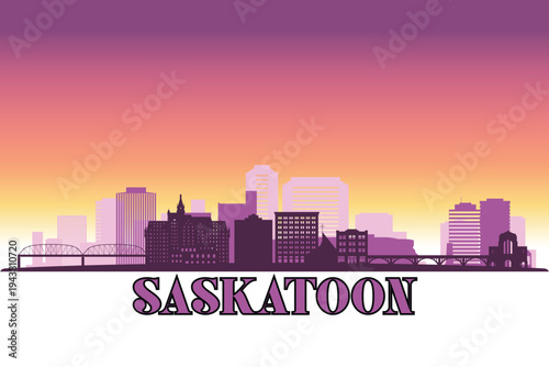Global city Saskatoon shown in a detailed vector skyline with a twilight sky