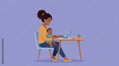 Mother working on laptop while holding her baby.