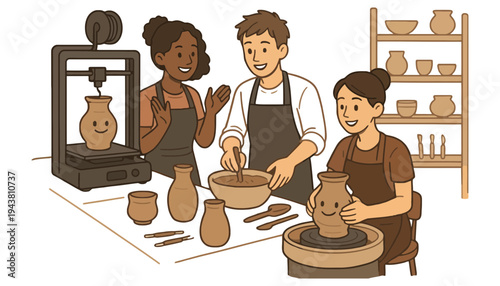 Pottery people working together in a studio with clay and tools