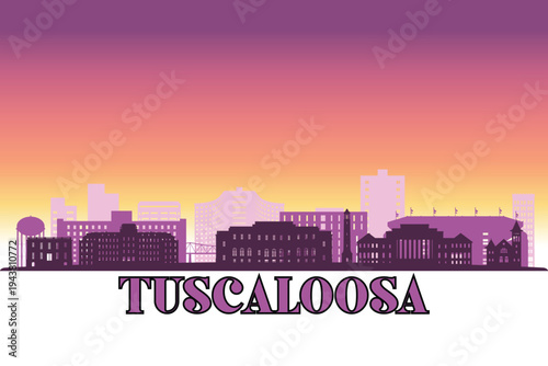 Global city Tuscaloosa shown in a detailed vector skyline with a twilight sky