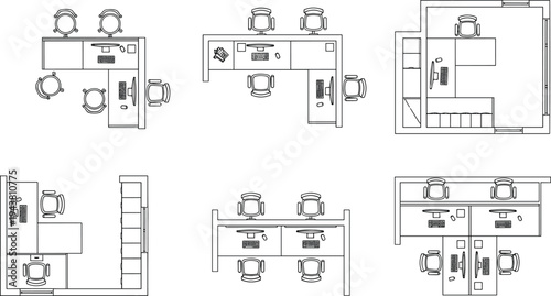 Office workstation floor plan layouts with desks and chairs, top view architectural drawings for workspace planning and modern interior design projects