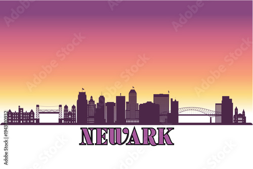 Global city Newark shown in a detailed vector skyline with a twilight sky