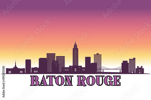 Global city Baton Rouge shown in a detailed vector skyline with a twilight sky