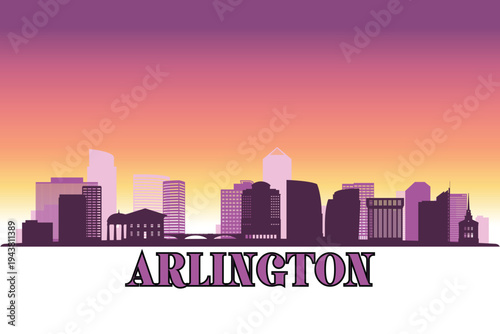 Global city Arlington shown in a detailed vector skyline with a twilight sky