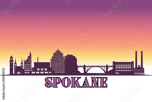 Global city Spokane shown in a detailed vector skyline with a twilight sky