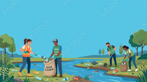 People cleaning up river pollution for environmental protection.