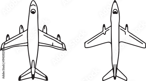 Two different types of airplanes are shown in a simple line drawing.