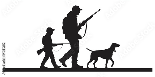 Silhouette of Hunter and Child with Dog Walking with Rifles hunting