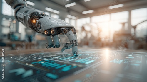 Futuristic robotic hand interaction with digital interfaces in innovative workspaces