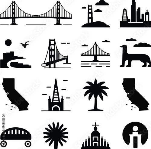San Francisco iconic silhouette vector illustration set of famous landmarks