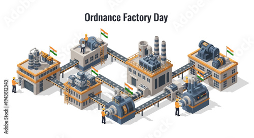 Illustration of an Indian ordnance factory with machinery and buildings on Ordnance Factory Day, showcasing defense manufacturing in India.