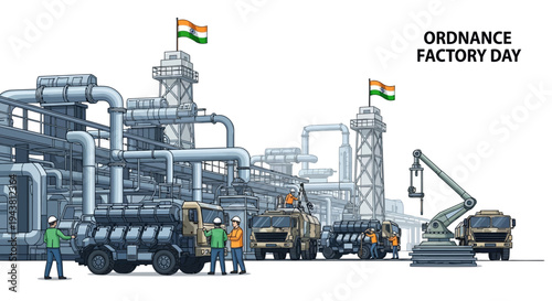 Illustration of industrial workers and machinery at an Indian ordnance factory on Ordnance Factory Day, with Indian flags flying, showcasing defense manufacturing.