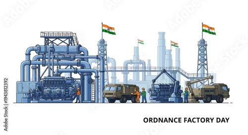 Illustration of industrial defense manufacturing facility in India on Ordnance Factory Day with military vehicles and equipment production, featuring Indian flags.