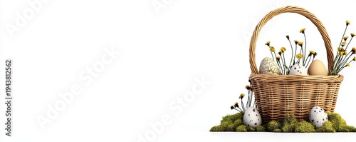 A decorative basket filled with eggs, flowers, and moss, symbolizing spring and celebration.