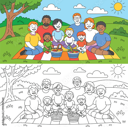 Family picnic illustration with colorful and black and white versions