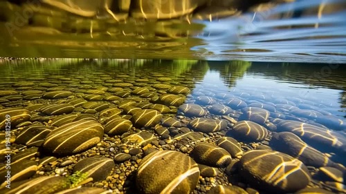 Riverbed with smooth rocks and clear water