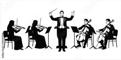 Orchestra conductor leading musicians playing violins and cellos on white illustration