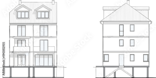 Residential house elevation drawings showing front and rear views, modern architectural line art illustration for construction planning and real estate design