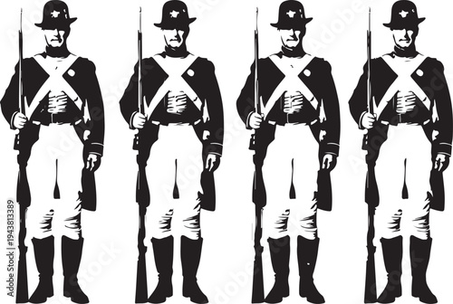 Historical soldiers in uniform standing in a line holding rifles
