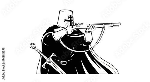 Medieval Knight with Musket and Sword, Historical Warrior Illustration