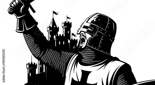 Medieval Knight Warrior with Sword and Castle Background, Black and White