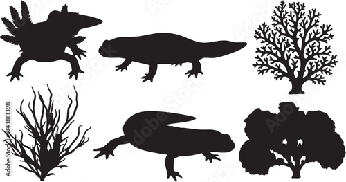 Six black silhouettes of amphibians and plants on white background