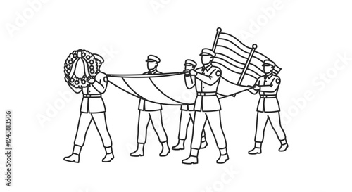 Military Honor Guard Marching with Wreath and American Flag