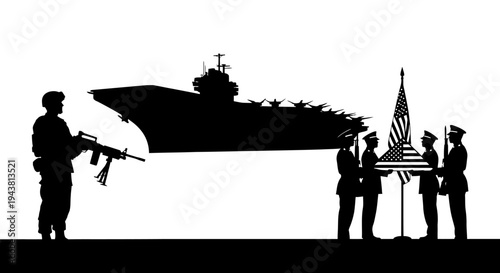 Military Honor Guard with Aircraft Carrier Silhouette and Soldier