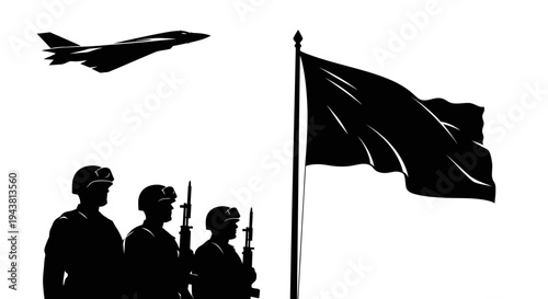 Military Honor Guard, Jet Fighter, and Waving Flag Silhouette
