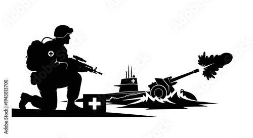 Military Medic Soldier with Rifle and Artillery Shell Firing from Submarine