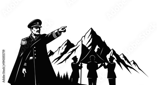 Military Leader Directing Troops Towards Mountain Peak, Symbolizing Strategy and Ambition