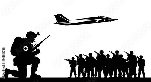 Military medical soldier kneeling with rifle, soldiers standing, fighter jet flying overhead