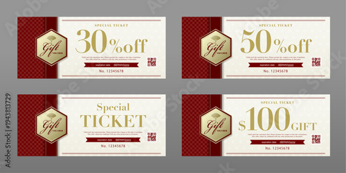 Japanese Modern Red Gift Voucher Template - Ichimatsu & Asanoha Pattern Design
