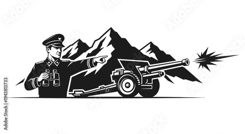 Military Officer Directing Artillery Fire in Mountains